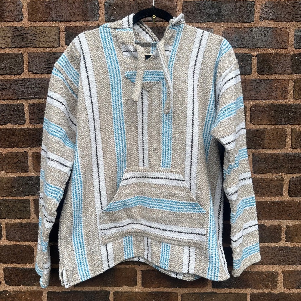 Earth Ragz Baja Hoodie Men's Medium Mexican Drug Rug Striped Pullover Blue Beige
